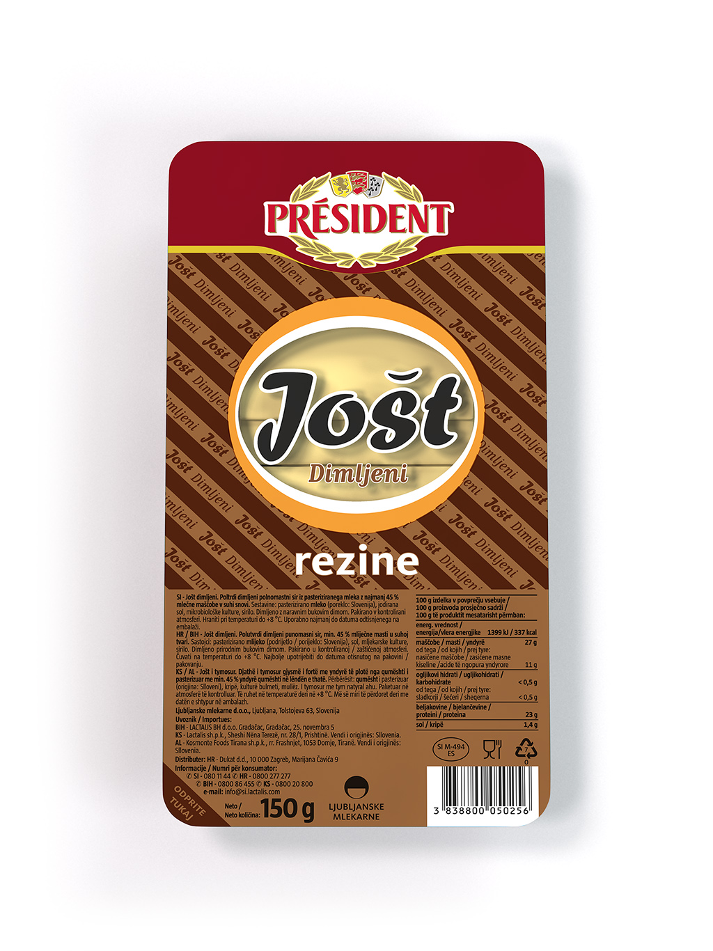 Président Jošt smoked; semi-hard full fat cheese in slices