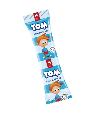 Tom, vanilla ice cream with fruit filling and cocoa coating with hazelnut parts