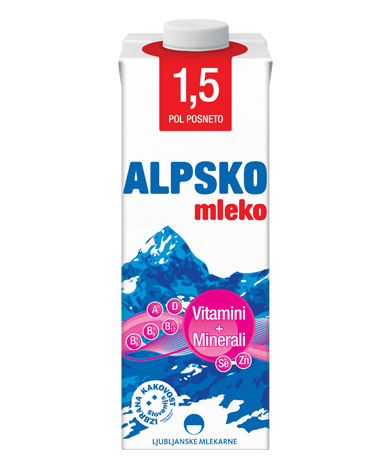 Alpsko mleko z 1,5 % m. m. z dodanimi vitamini in minerali