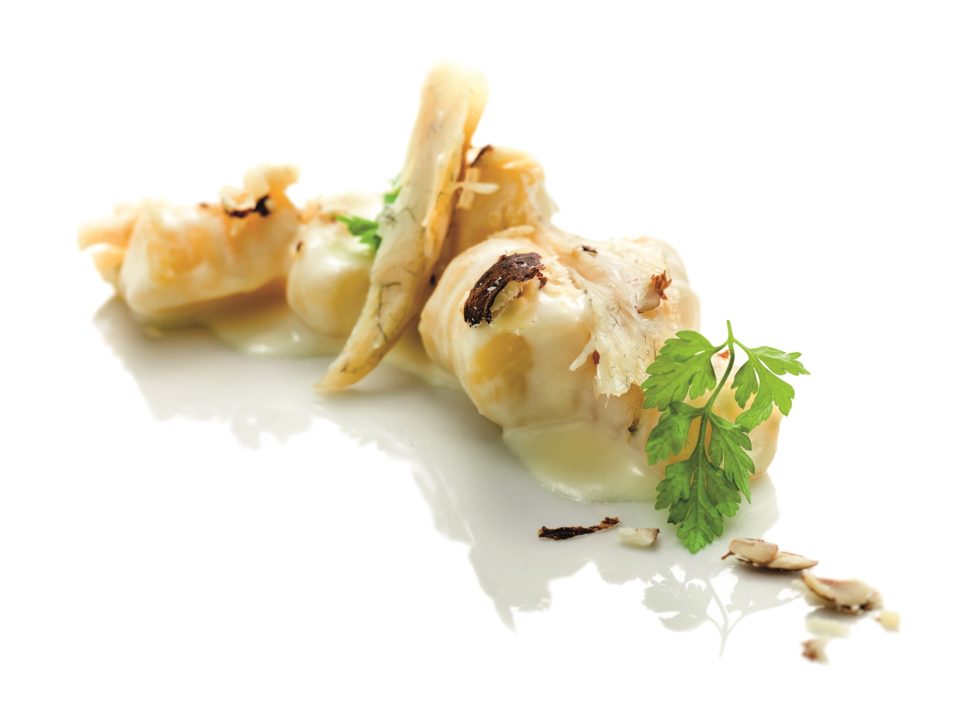 Cottage cheese dumplings in sauce made of aged gauda cheese, hazelnuts and smoked sea bass