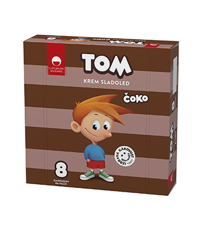 Tom Čoko, chocolate ice cream with fruit filling and cocoa coating with hazelnut parts